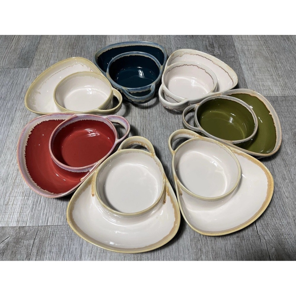 Set Of 7 Rustic Southwest Farmhouse Stoneware Chip & Dip Drip Glazed Ceramic - Picture 4 of 8